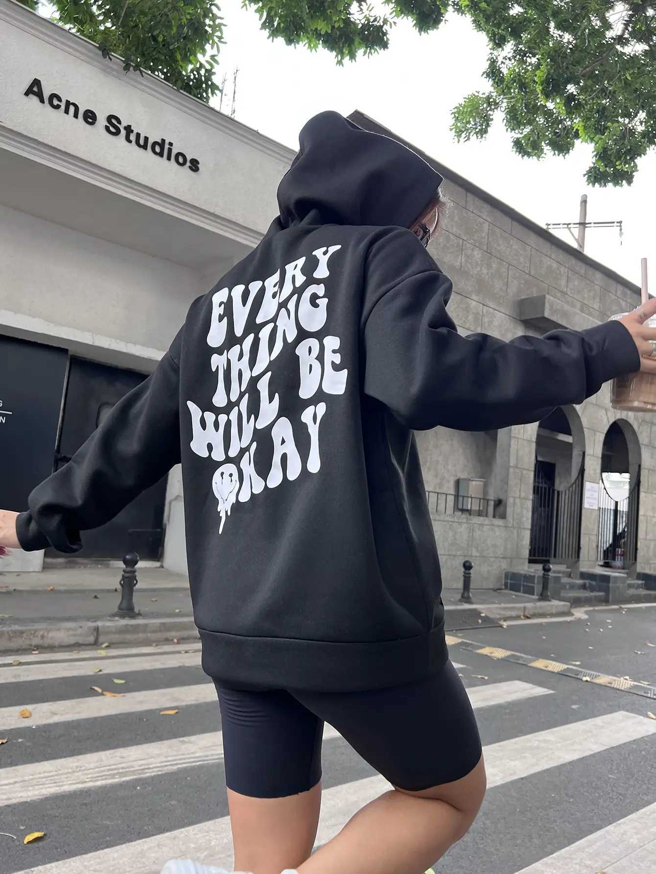 Every Thing Will Be Okay Creative Letter Hoody Female Casual Pocket Hoodie Fashion Loose Clothes Warm Comfortable PulloverX241016