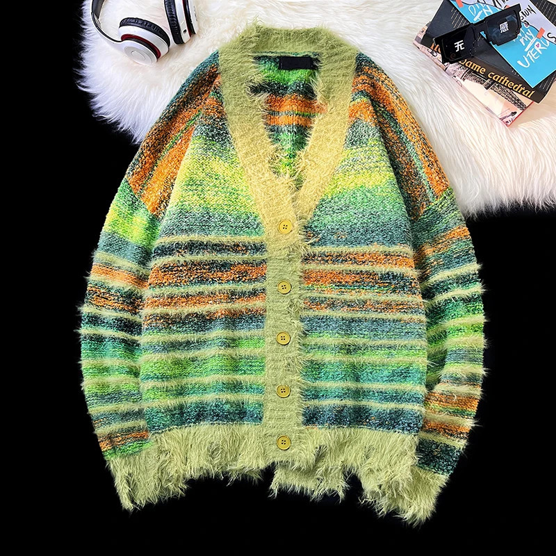 2024 Men Autumn Winter Striped Knitted Jackets Male Oversize Long Sleeve Cardigans Mens Vneck Casual Sweater Coats S414 241017