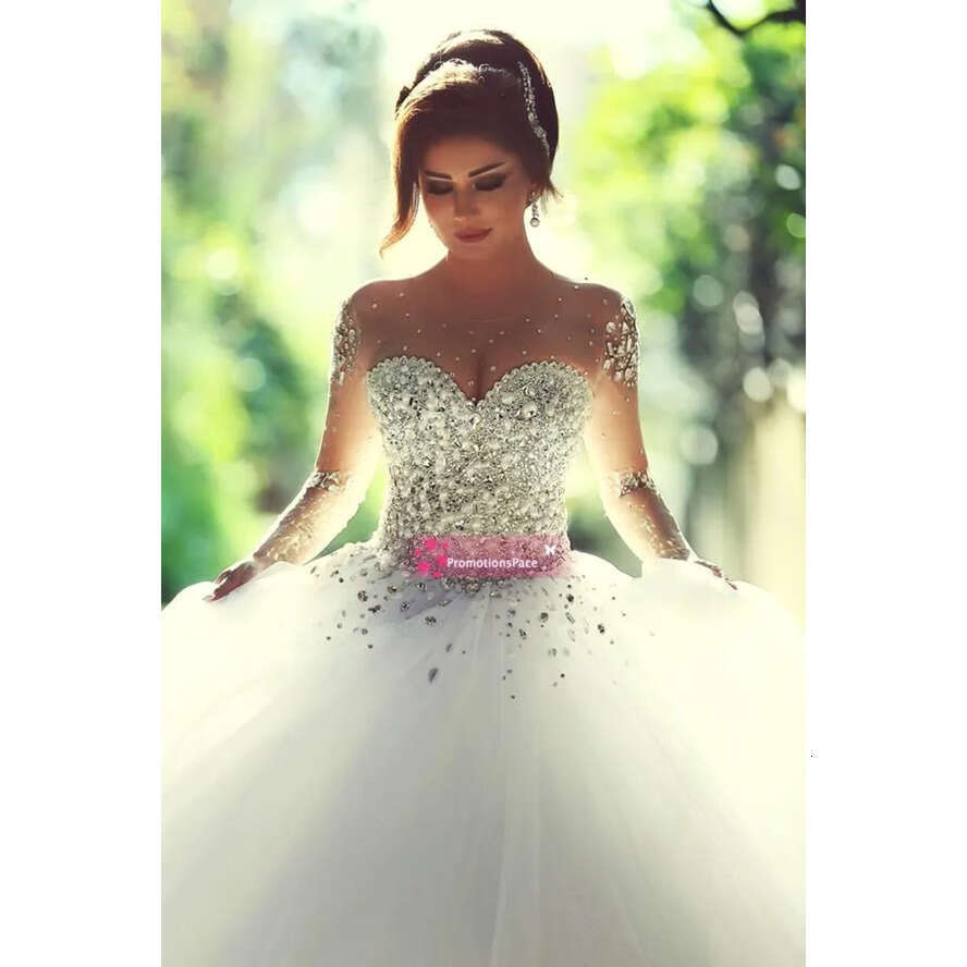 Tulle Gown Sheer Ball Wedding Dresses 2020 With Illusion Long Sleeves Crew Neck Lace Up Back Sequins Beaded Pearl Pretty Bridal Gowns Bo7695 s