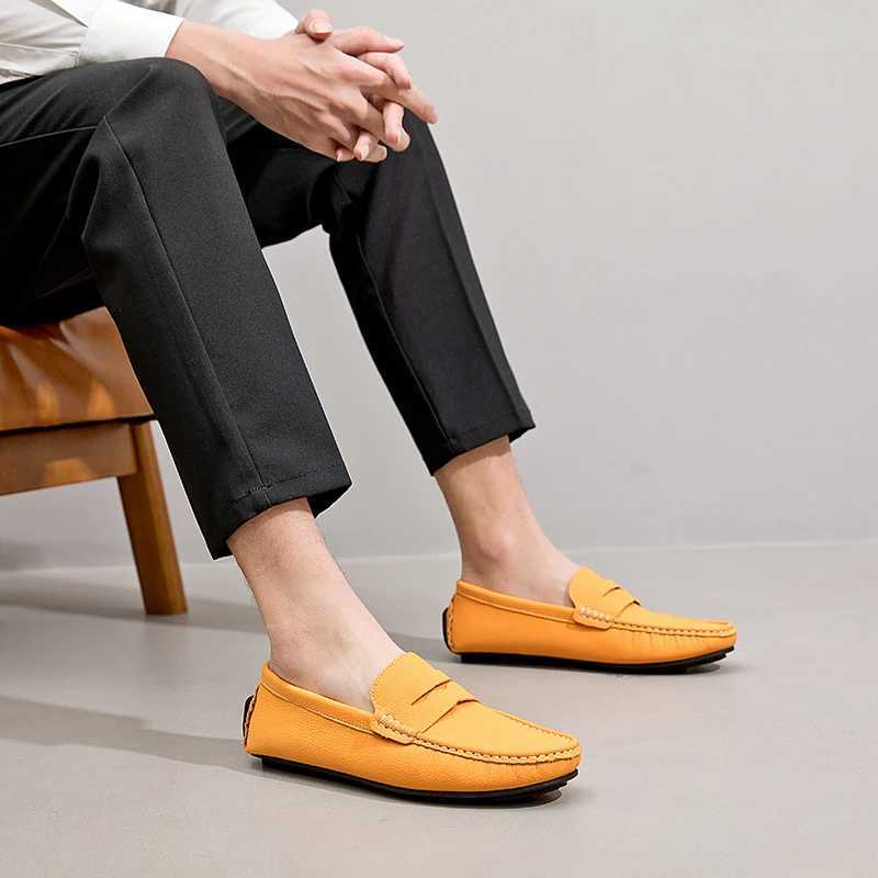 Luxury Yellow Leather Casual Shoes Men Loafers Comfortable Slip- Flat Shoes Men Big Size 38-49 Mens Designer Shoes XJ250614