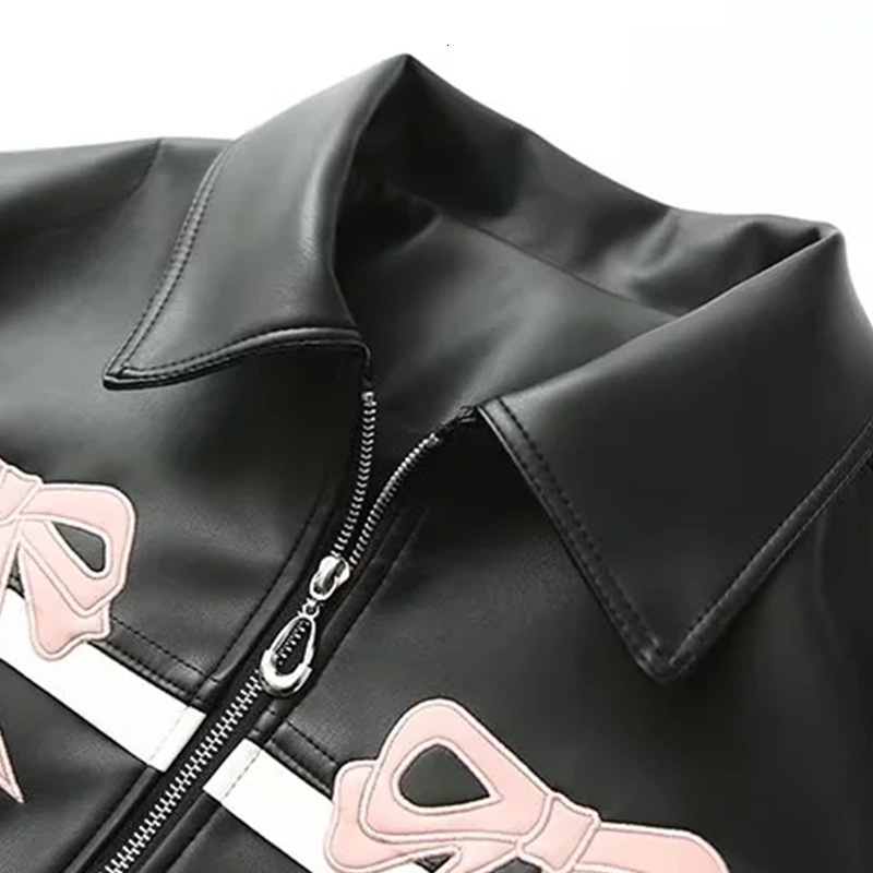 Pink Bow Motorcycle Jacket Women's Coat With Zipper Outwear Black Pur Leather Inszartrafs Chaquetas De Cuero Para Mujer