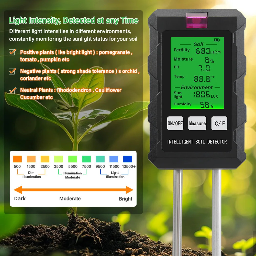 Digital 6-in-1 Soil PH Meter Soil Fertility Soil Moisture Sunlight Environment Humidity Temperature Tester Monitoring Instrument Garden Soli Analyzer 