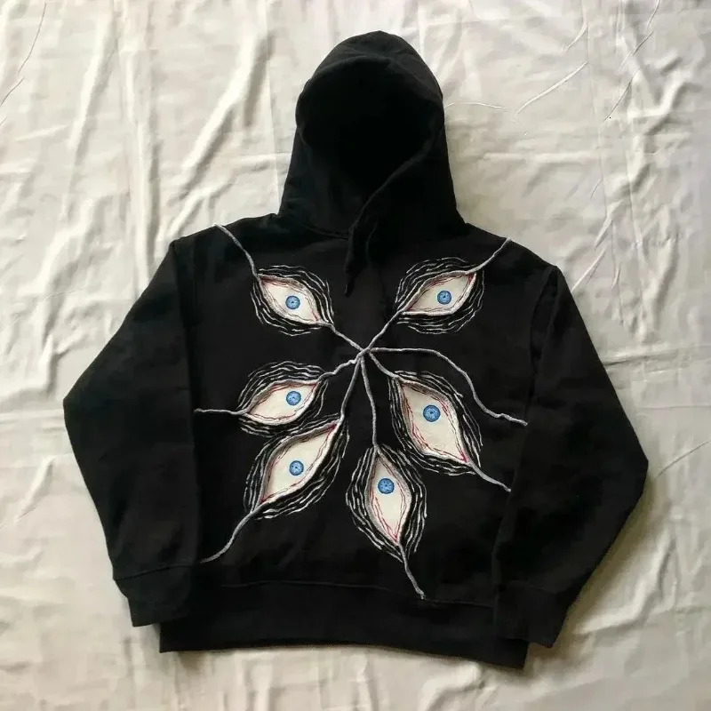American Retro Harajuku Gothic Devils Eye Embroidery Mosaic Sweater Y2K Street Fashion Super Women Hip Hop Hooded Sweater 241017