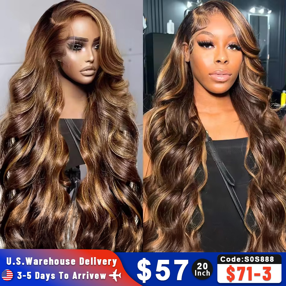 Body Wave 30 32 Inch 13X6 Ombre Highlight HD Frontal 13X4 200 Density 4/27 13X5 Wigs Lace Front Human Hair Wig Brown
