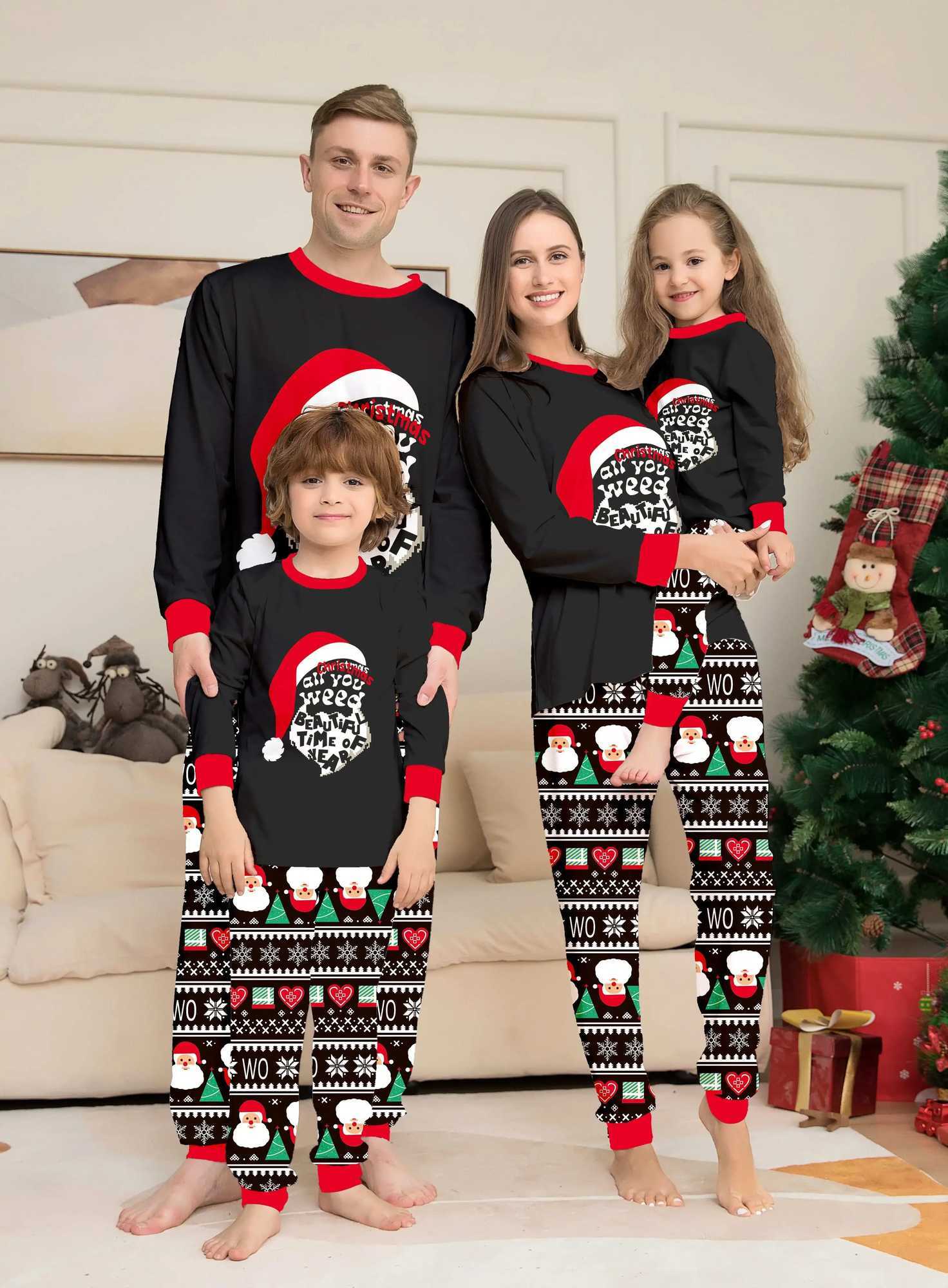 2024 Winter Santa Allover Printed Family Matching Set for Parents and Children 2-piece Baby and Dog Hoodies Christmas Pajamas Soft and Cute W241015