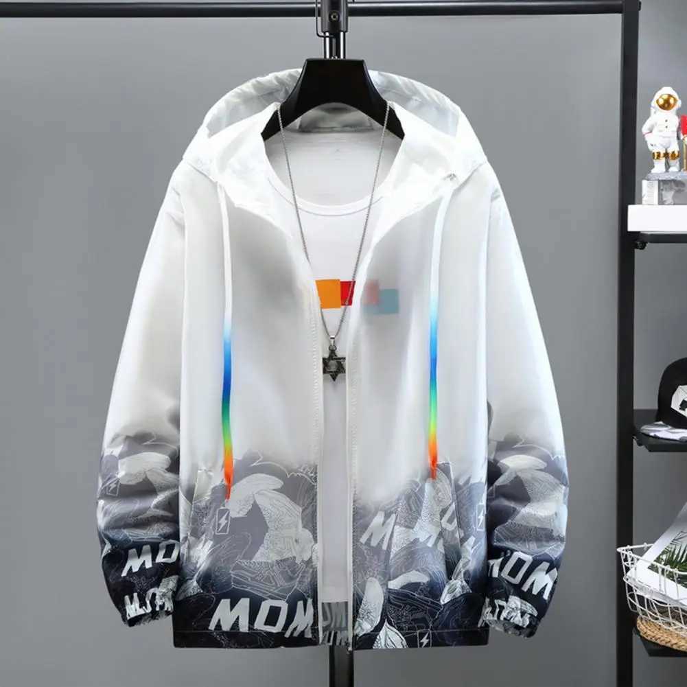 Men Sun Protection Clothing Hooded Long Sleeve Pockets Sunscreen Jacket Zipper Placket Shoes Print Quick Drying WindbreakerXJ241017