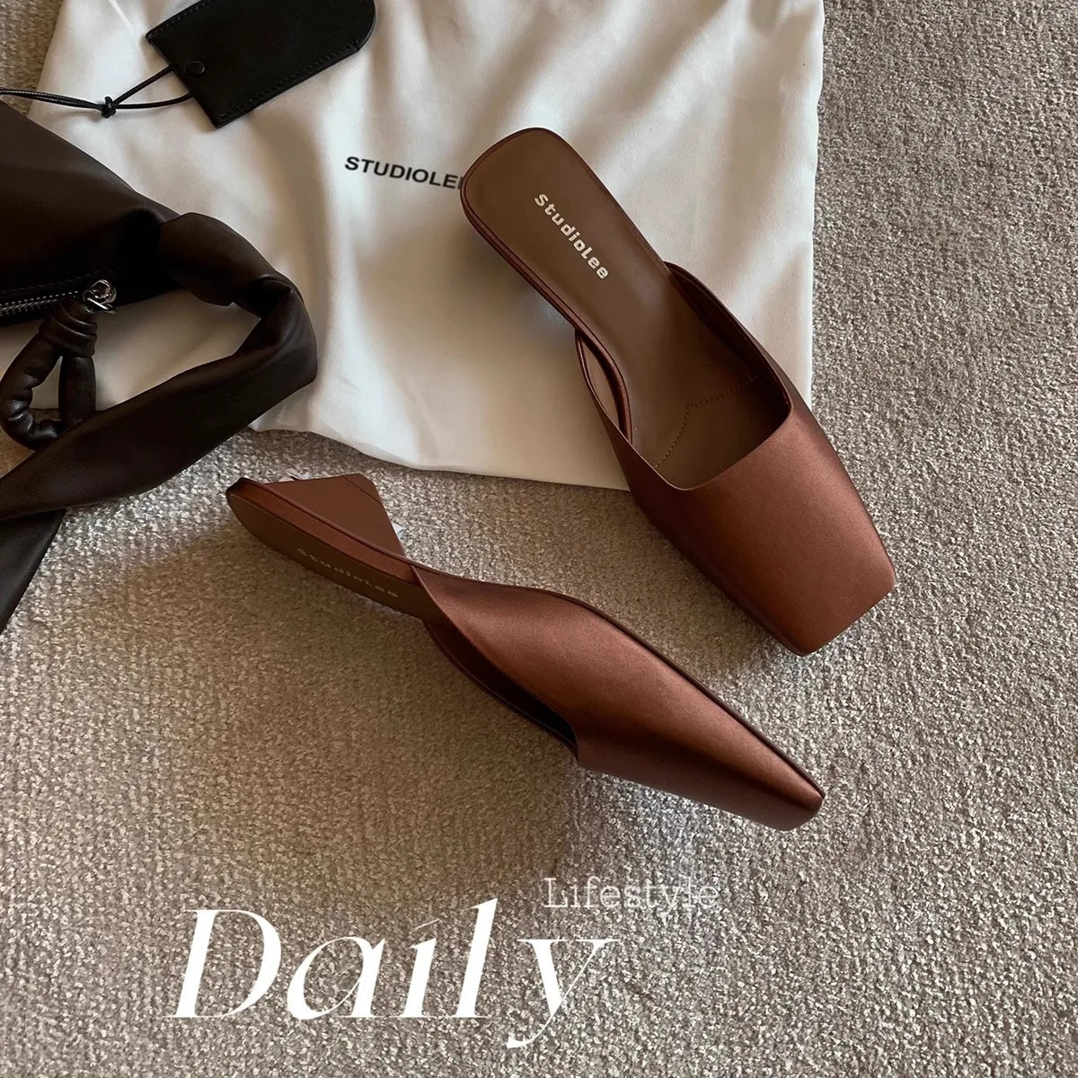 French Ladies Slides Square Toe Temperament High Heels Solid Color Satin Finish Mules Slippers Elegant Triangular Heel Sandals 241010