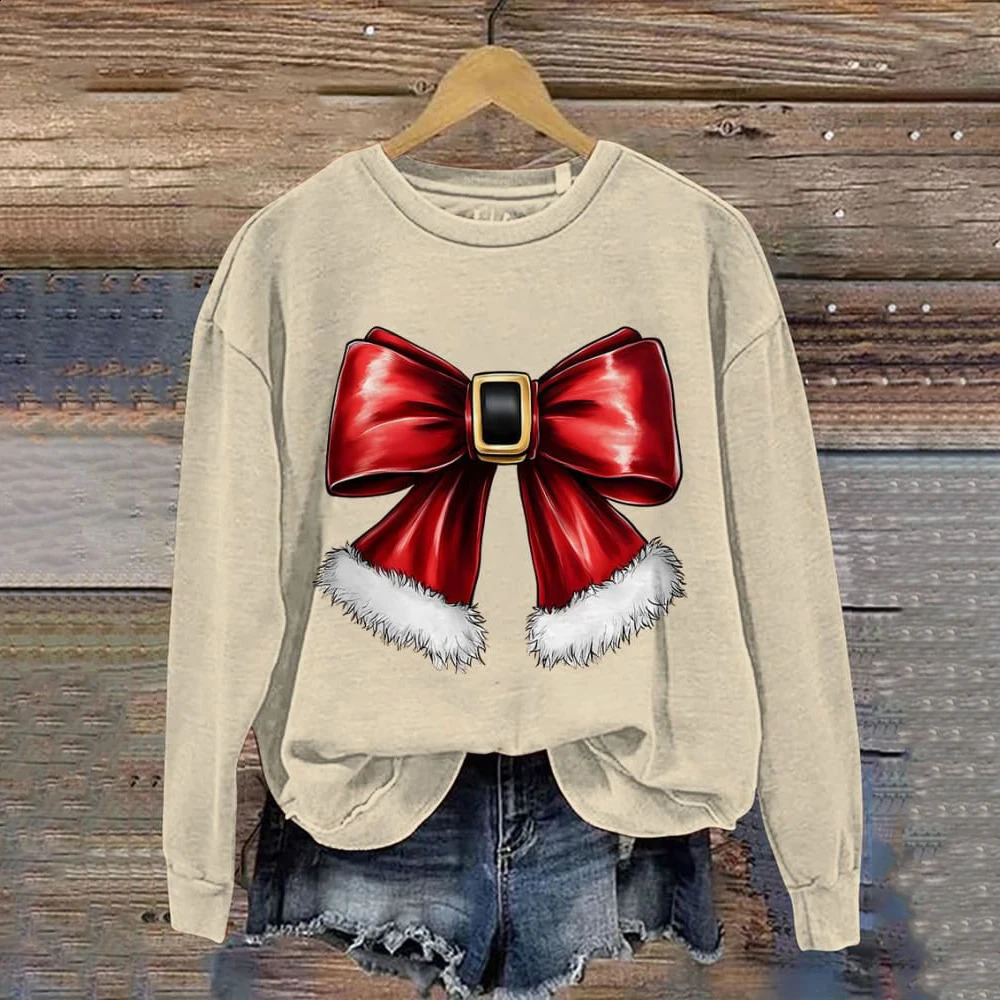 Womens Casual Sweatshirt Christmas Bow Print n Autumn Thin Girls Gift Holiday Premium Hoodie 241017
