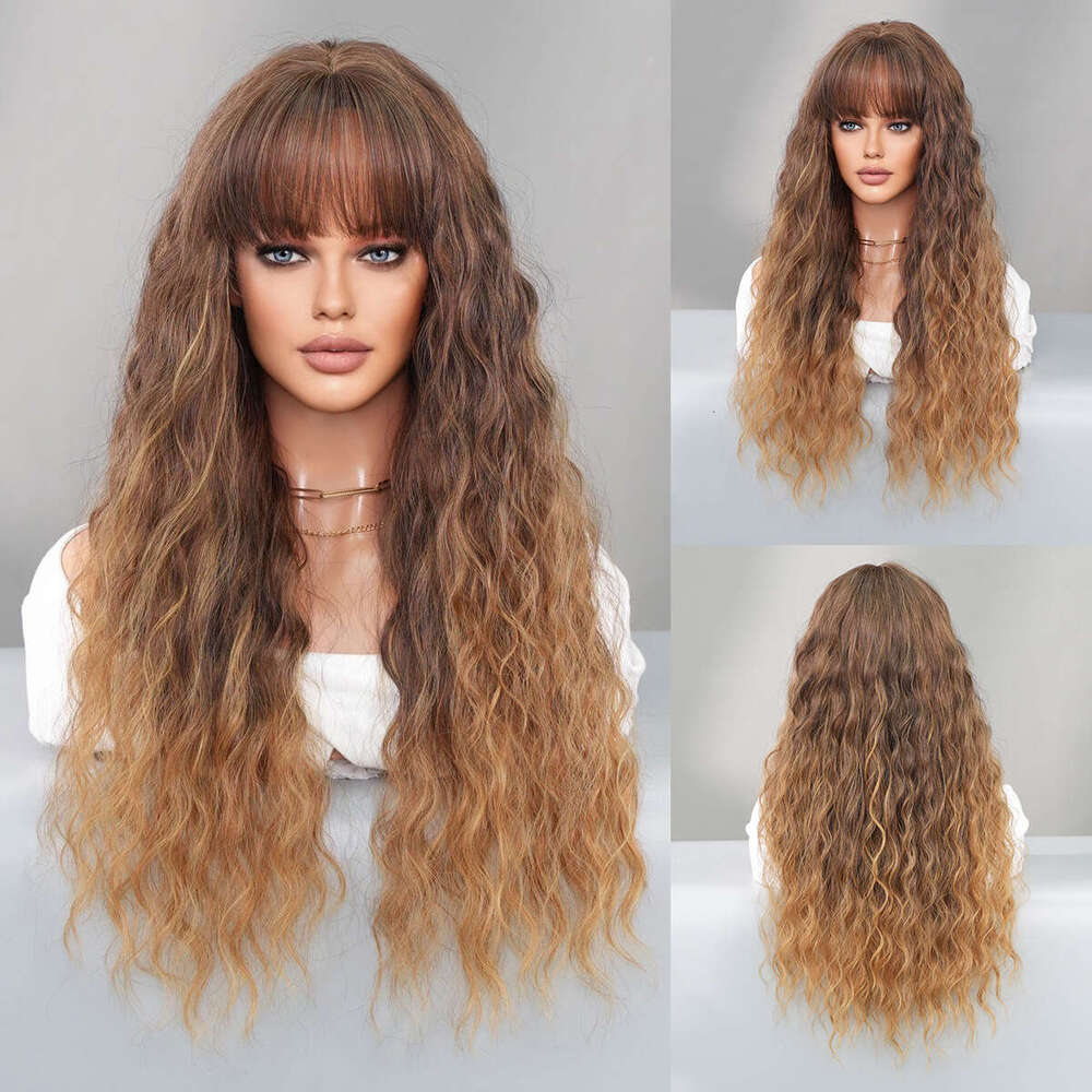 Women's New Wig Gradient En Brown Deep Wave Bangs Long Curly Hair Deep Wave Wigs