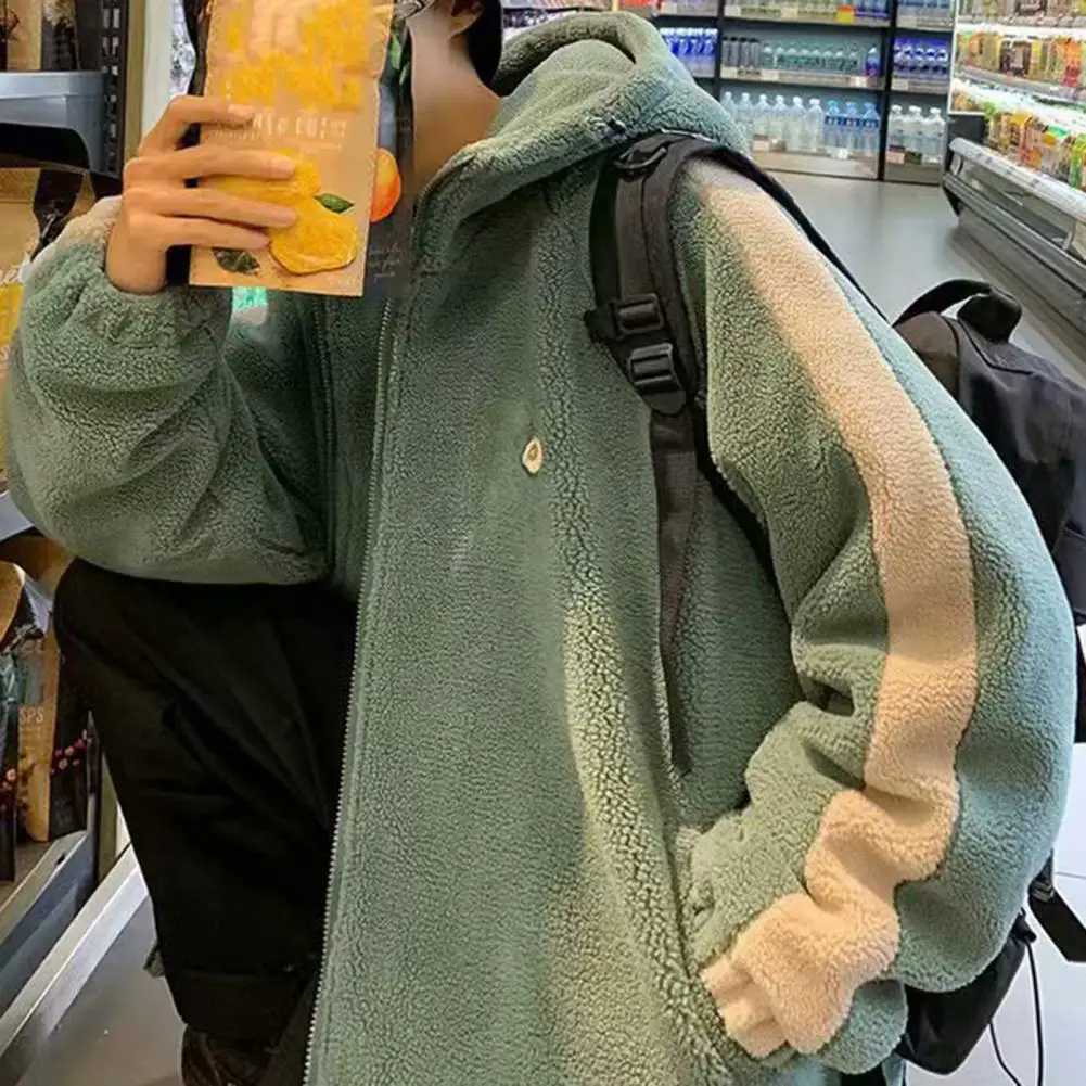 Loose Fit Men Jacket Hooded Men Jacket Winter Warm Mens Hooded Jacket with Faux Sherpa Drawstring Hem Contrast for StudentsXJ241017