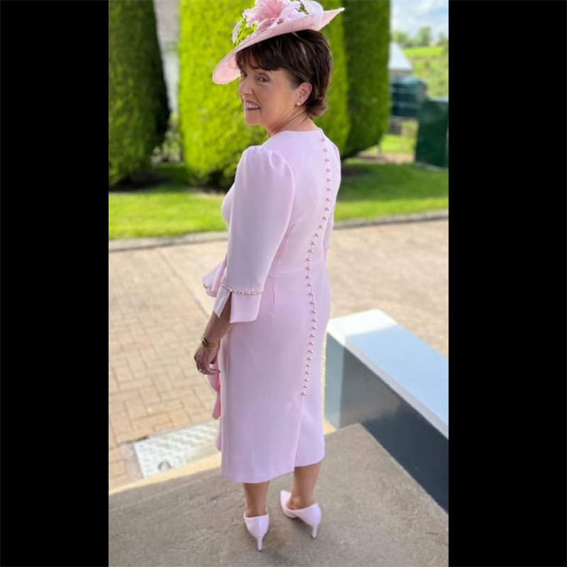 Chic Pink Mother Of The Bride Dress With Sleeves Elegant O Neck Beaded Tea Length Wedding Guest Dress Chiffon Short Evening Groom Mom Birthday Party W