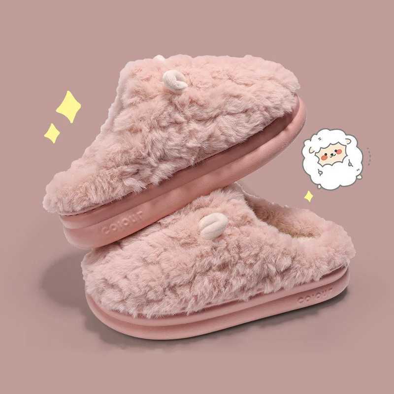 Warm winter womens slippers sandals home cotton shoes Eva artificial plush fur 4cm thick platform cute sheepskin mens slippersCL241017