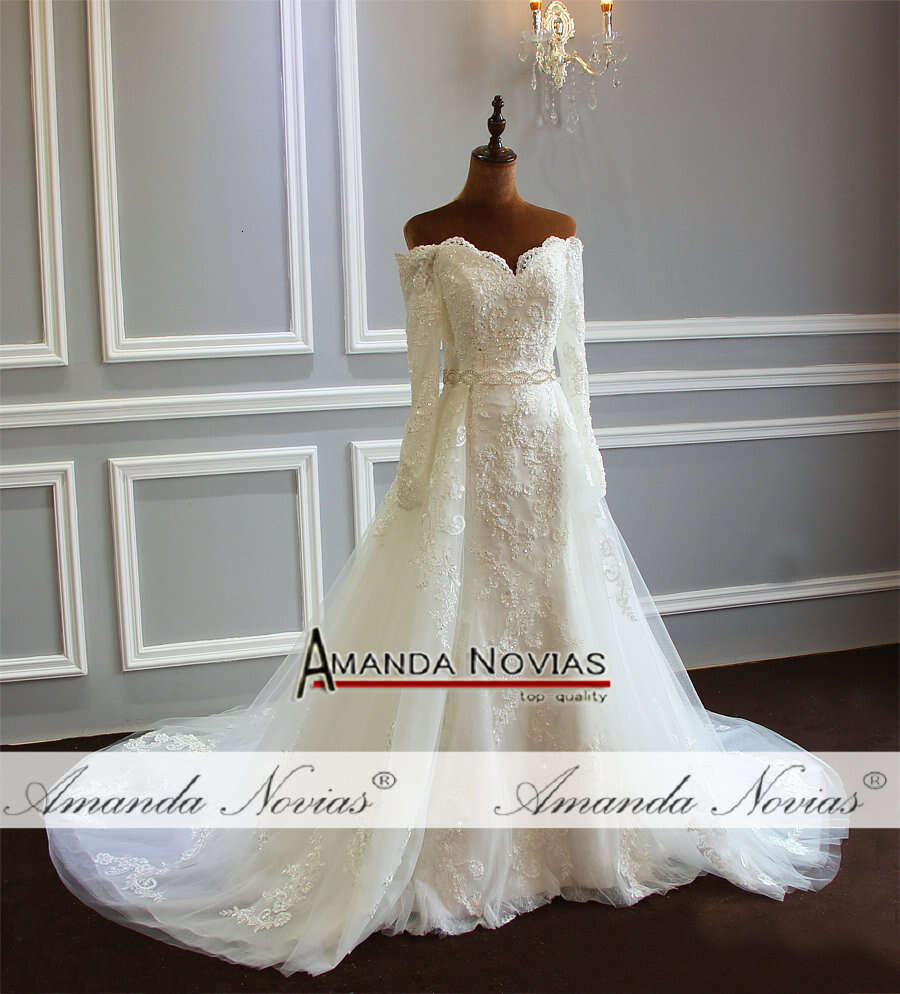 Wedding Gown With Detachable Skirt Full Lace Sleeves Bridal Dress
