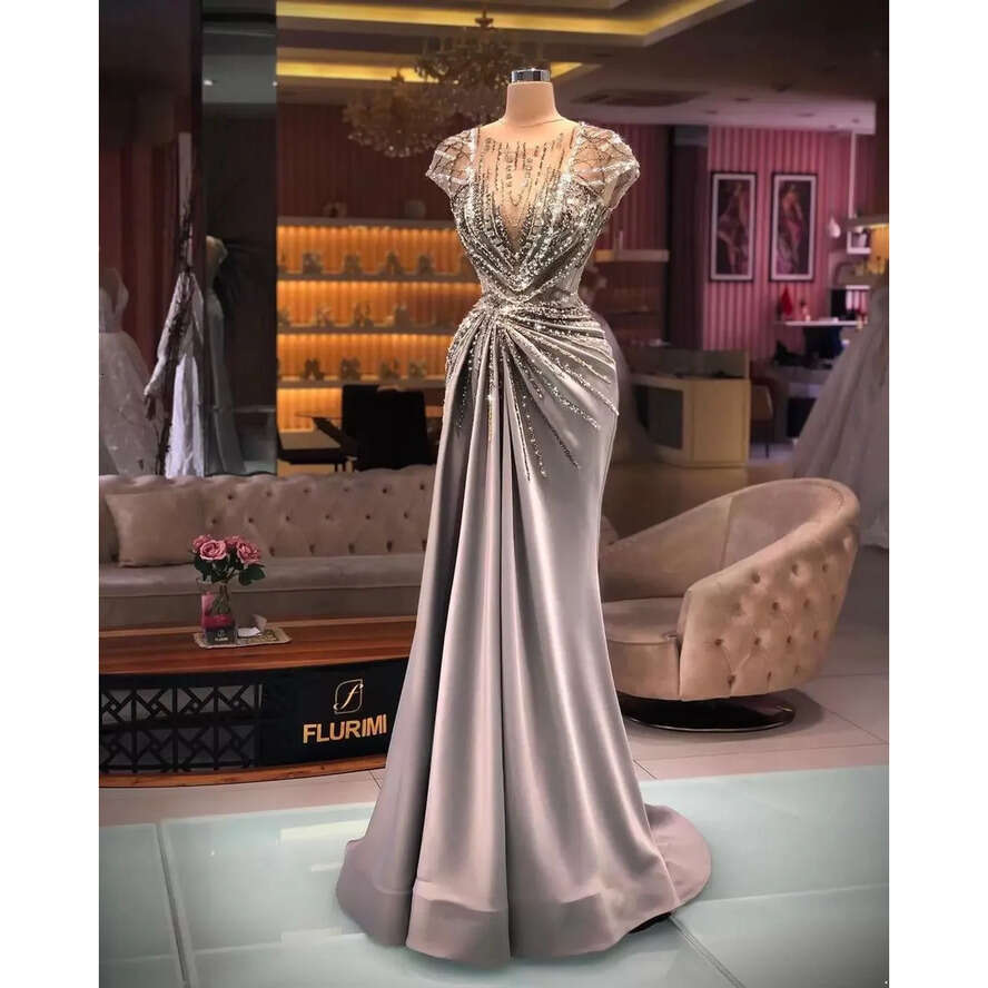 Arabic Aso Size Plus Ebi Sier Mermaid Urious Prom Dresses Sheer Neck Beaded Crystals Evening Formal Party Second Reception Gowns