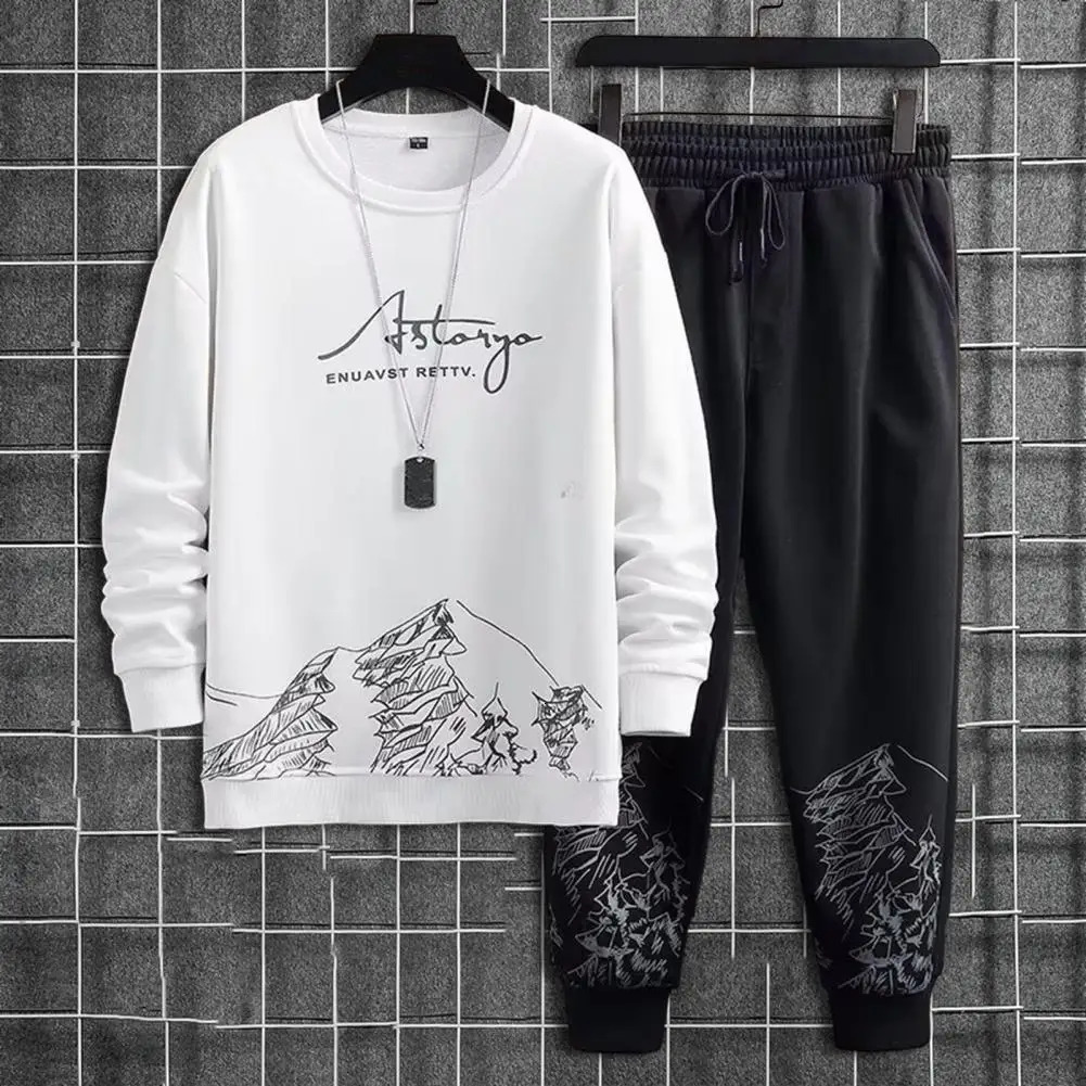 Comfortable Men Track Suit Mens Mountain Print Tracksuit Set with O-neck Sweatshirt Drawstring Jogger Pants for Autumn Winter 241017