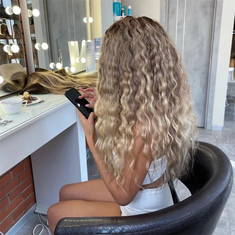 Free shipping Peruvian Honey Blonde Water Wave Front Silation Human Hair 13x4 Transparent Frontal Wig Deep Curly Ombre Lace Wigs