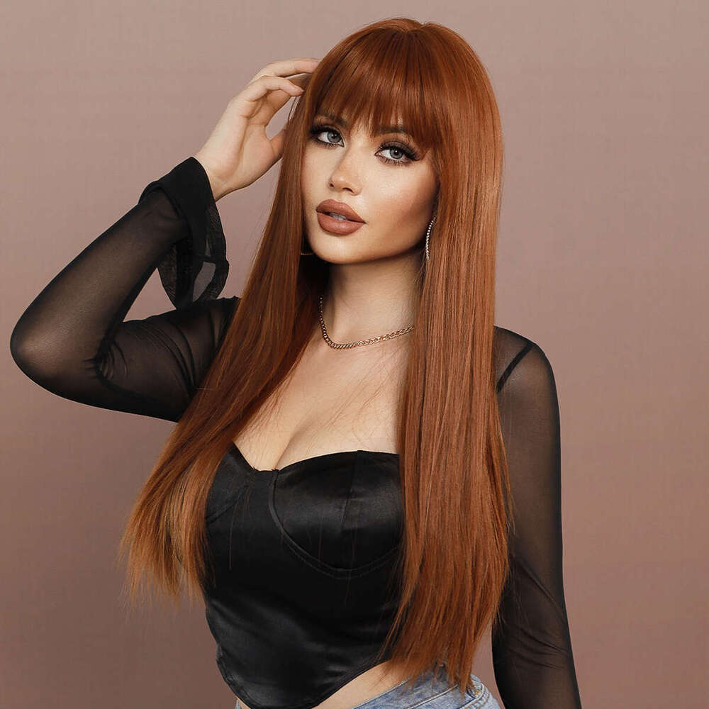 Ladies' Fashionable Wig With Caramel Brown Bangs, Long Straight Hair Wig, Full Head Cover, Ginger Wigs