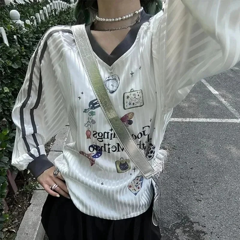 Korean Y2k Butterfly Printed Womens T-shirt Transparent Stripe V-neck Long Sleeve T-shirt American Retro Oversized Dress 241017