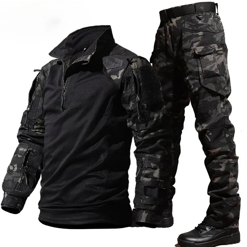 Outdoor Training Suit Men Durable Breathable Tshirt Cargo Pants Set Waterproof Suits Multiple Pockets Camo 2 Pcs 241017