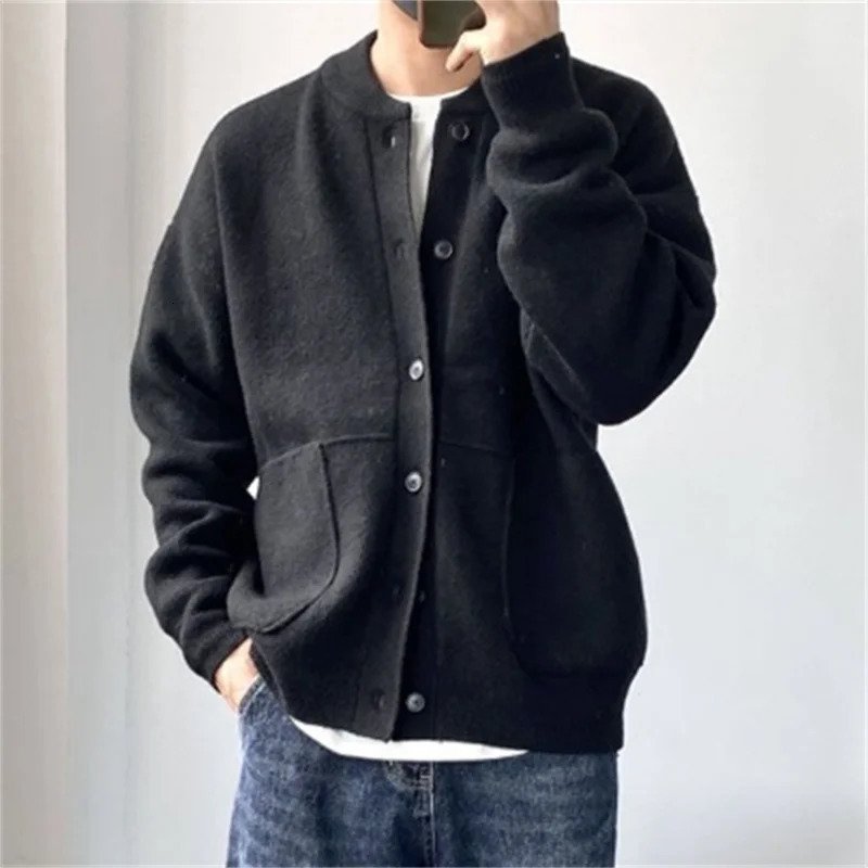 Y2K Spring Autumn Casual Sweater Jacket 2024 Round Collar Mens Clothing Fashion Solid Colour Top Loose Knitwear Coat Hombre 241017