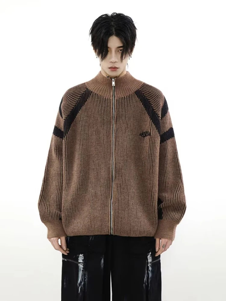 American Vintage Sweater Men Women Colorblock Panelled Zipup Cardigan Tops Standcollar Loose Longsleeved Casual Knit Unisex 241017