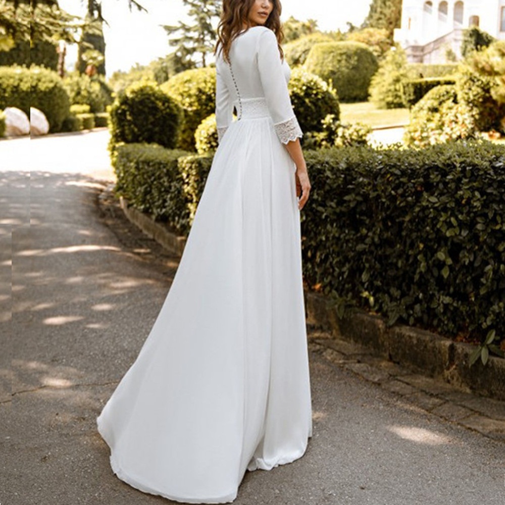 White Satin Womens Wedding Dresses Scoop Neck Long Sleeve Backless Bridal Gown Pleat Bow Tie Sweep Train Church Mariage De Mariee