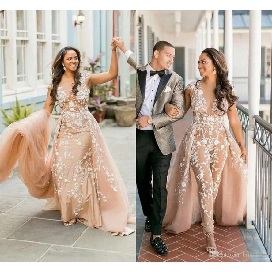 Jumpsuit Wedding Champagne African Dresses With White Lace Appliqued Pant Suits Nigerian Style Bridal Gowns Plus Size
