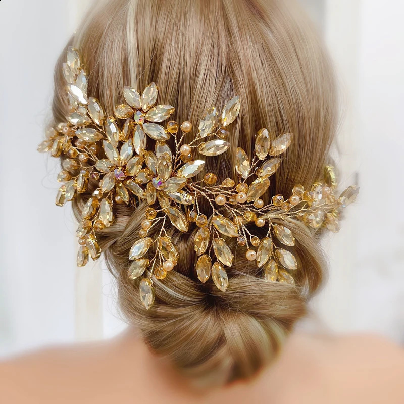 Bride Women Large Crystal Wedding Hair Comb Champagne Bridal Side Comb Full Rhinestone Hair Accessorie for Women and Girls 241007