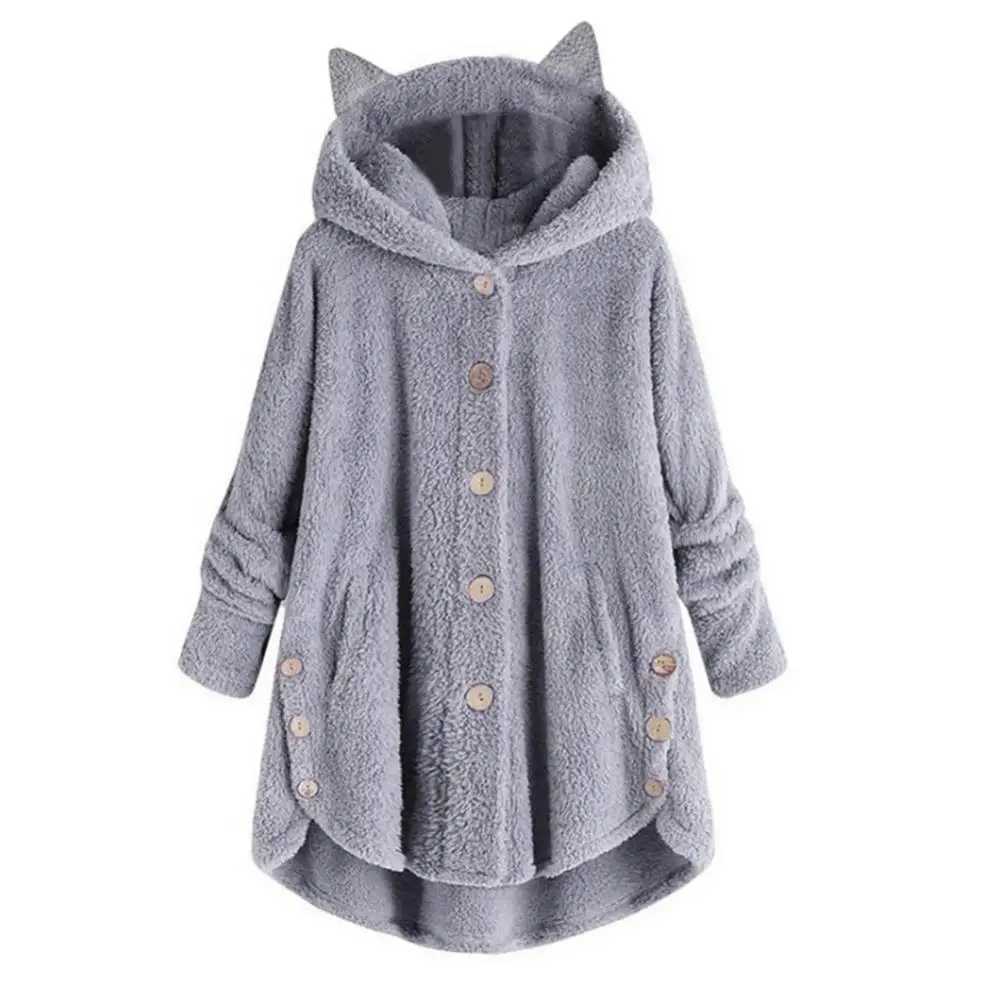 Cute Thick Plush Women Hoodies Winter Fur Cats Ears Hooded Irregular Hem Button Jacket Fleece Hoodies CoatX241016