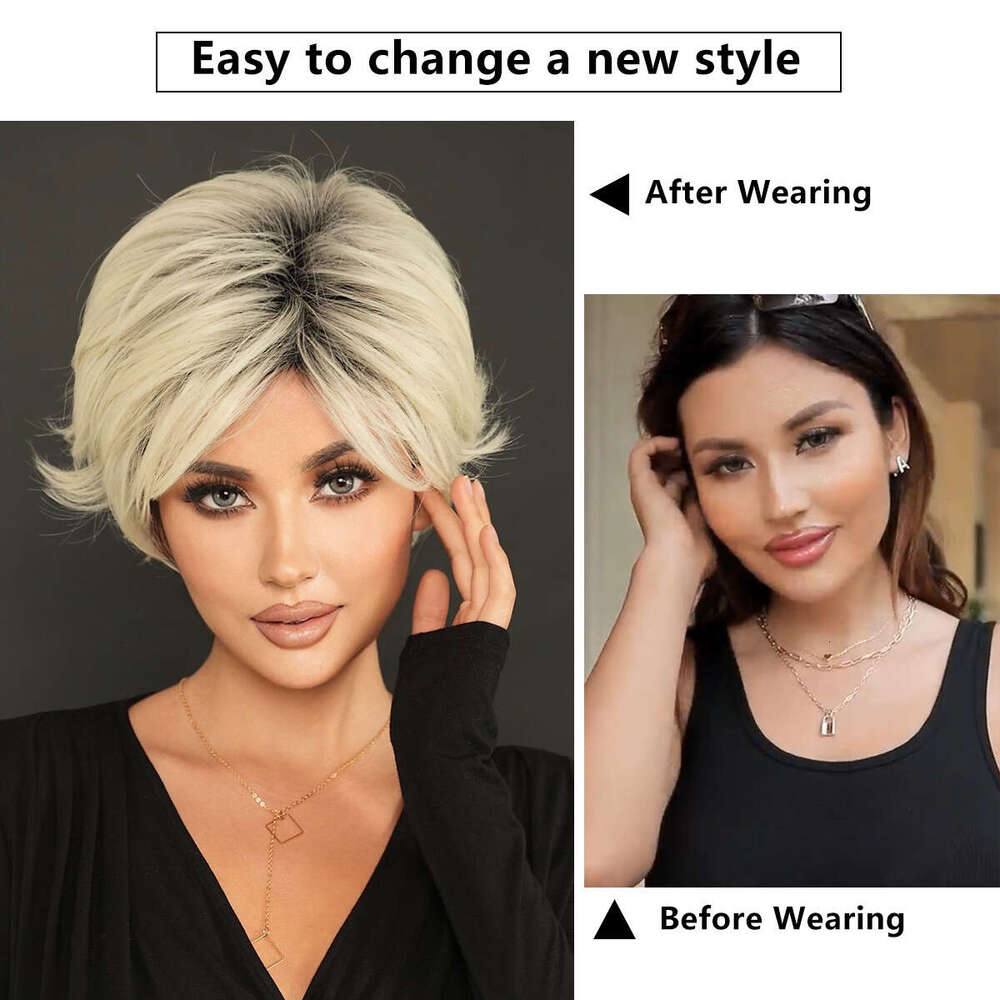 Ladies' Summer Layered Short Hair Platinum Gray Elf Wig Fashionable Top Gradient Synthetic Full Head Cover