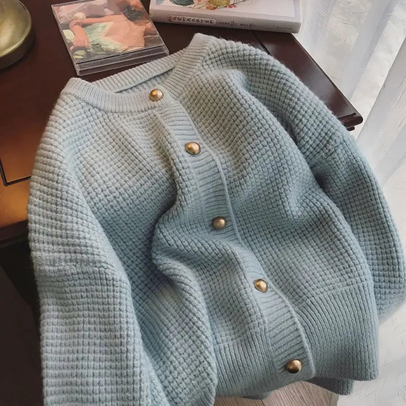 Autumn Winter Round Neck Long Sleeve Fashion Sweater Women Solid Color Waffler Button Cardigan Elegant All-match Chic Tops 241017
