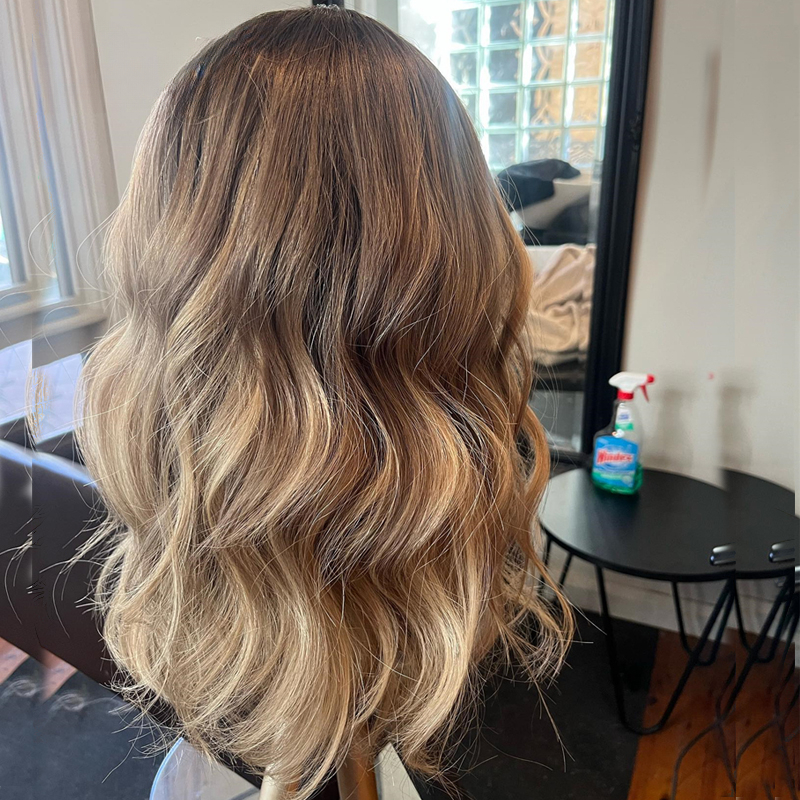180Density Glueless Preplucked Human Hair Ombre Medium Brown Honey Blonde Highlights 360 Frontal Wigs Wavy Full Lace Front Wig