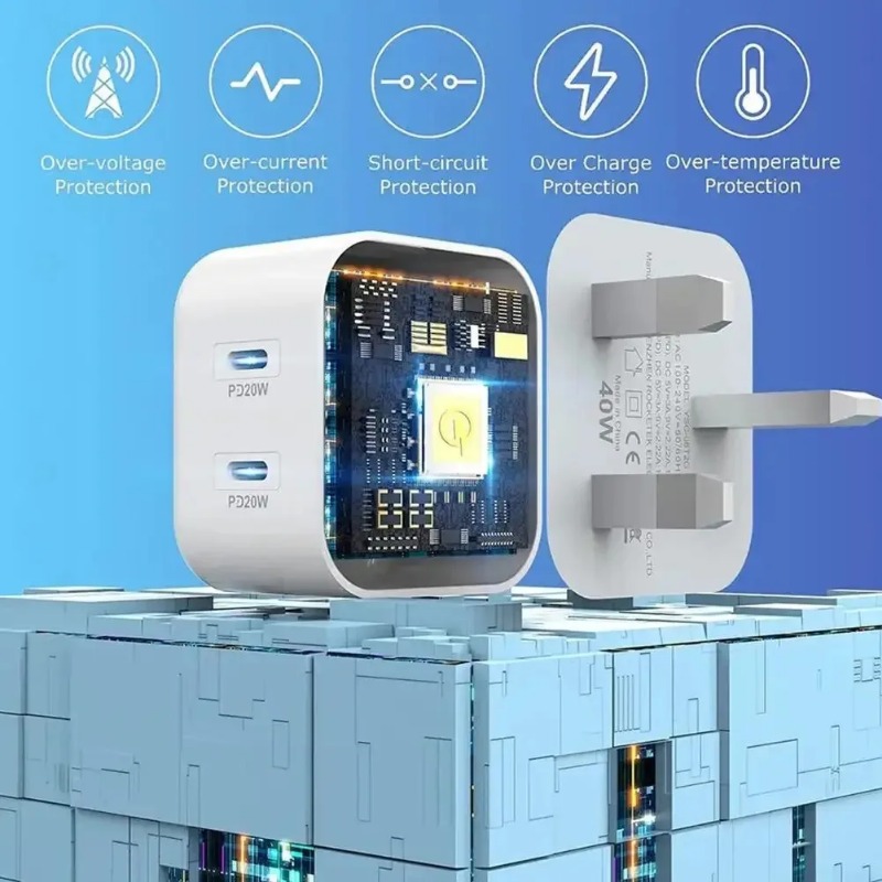40W Dual USB C Wall Charger PD Fast Charging Block Type C Quick Charging Power Adapter US/EU/UK Plug For iPhone 16 15 14 13 Pro 12 Pro Mini iPad Samsu