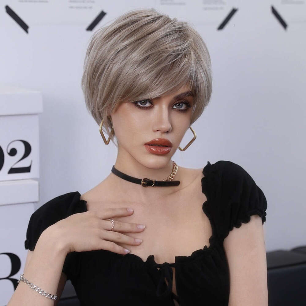 Female Straight With Slanted Bangs, Champagne Gold Elf Short Hair Wig, Synthetic Full Head Cover, Short Wigs