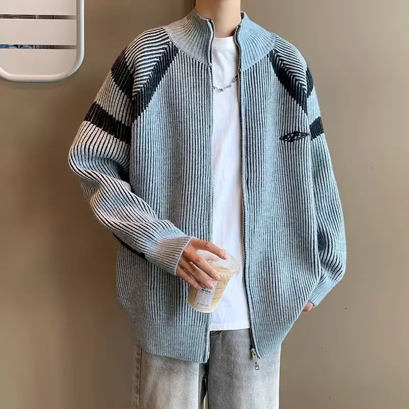 American Vintage Sweater Men Women Colorblock Panelled Zipup Cardigan Tops Standcollar Loose Longsleeved Casual Knit Unisex 241017