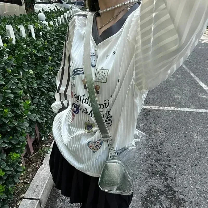 Korean Y2k Butterfly Printed Womens T-shirt Transparent Stripe V-neck Long Sleeve T-shirt American Retro Oversized Dress 241017