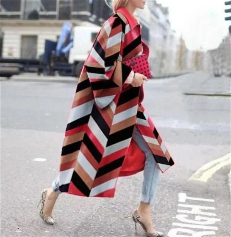 2024 Trench Coat Windbreaker Outwear for Women Fashion Geometric Print Color Female Casual Long Cardigan Coat Turn-Downs 241017