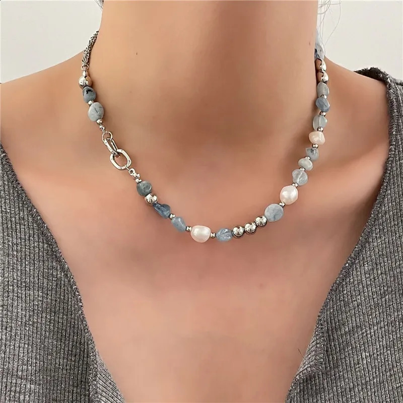 Xiaoluoke Fashion Blue Natural Stone Mixed Freshwater Pearl Summer Irregular n Bead Necklace Bridal Jewelry Gift 241017
