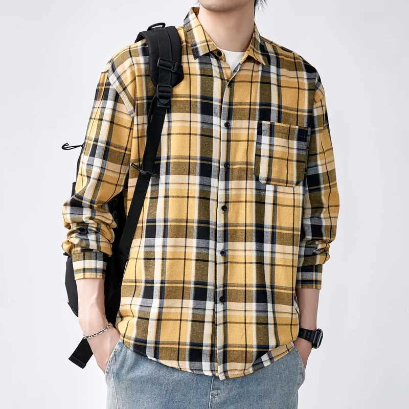 Spring Autumn Turn-down Collar Plaid Button Striped Solid Pockets Cardigan Long Sleeve Shirt Coats Casual Mens Clothing Tops LX241017