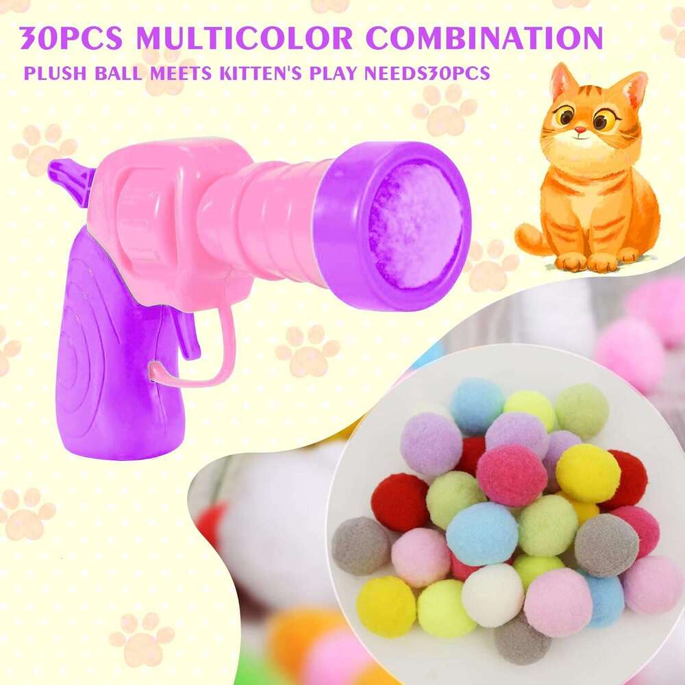 Mewlmart Interactive Kitty Indoor Pom Toy Plush Ball Launcher for Cats Puff Cat Enrichment Toys 30 Balls