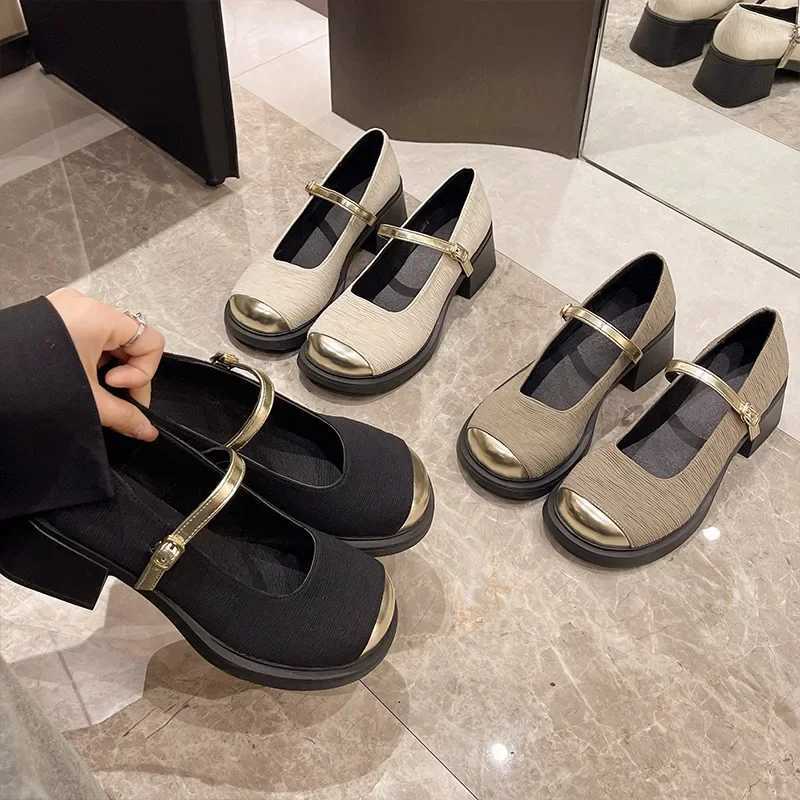 2024 New High Heels Mary Simple Shoes Fashion Metal Round Toe Womens Shoes Retro Thick High Heels Ballet Shoes Shallow Pump Y241017