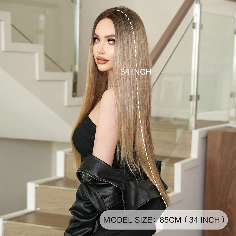 Blonde Women's Extra Long Medium Split Straight Hair Full Headset Nordic Natural Gold Gradually Changing Fiber Wig