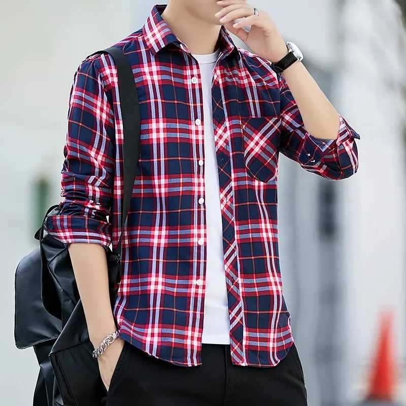 Casual Plaid Shirt Men Slim Fit Cotton Wool Male Long Sleeve Shirts Men Fashion Brand Plus Size M-5XL 2023 Spring New LX241017