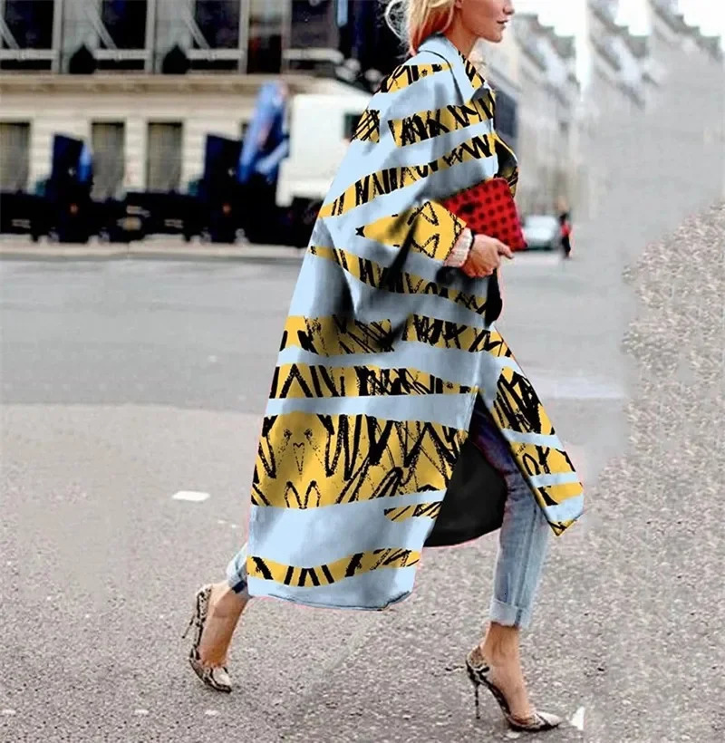 2024 Trench Coat Windbreaker Outwear for Women Fashion Geometric Print Color Female Casual Long Cardigan Coat Turn-Downs 241017