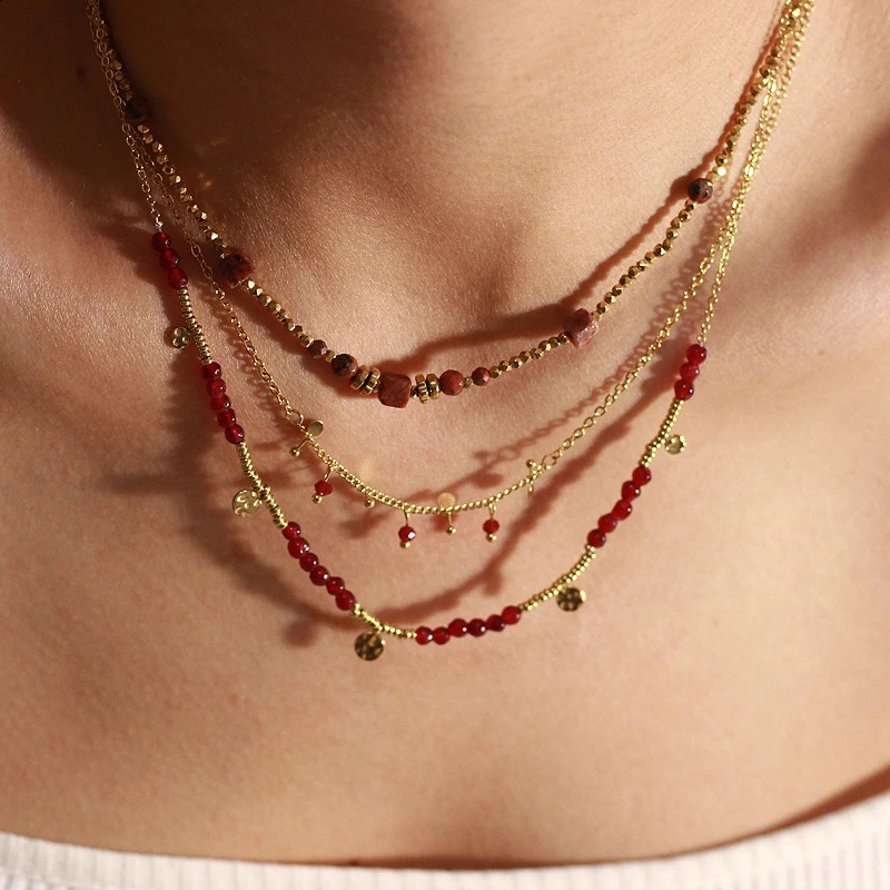 ANEH Retro Multi layer Red Natural Stone Bead Chain Stainless Steel Disc Charm Necklace 241017