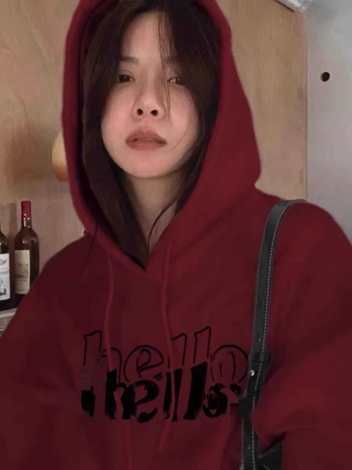 Burgundy High-end Sweatshirt for Women American Autumn and Winter Retro Lazy Style oversize Loose Spring Hooded JacketX241016