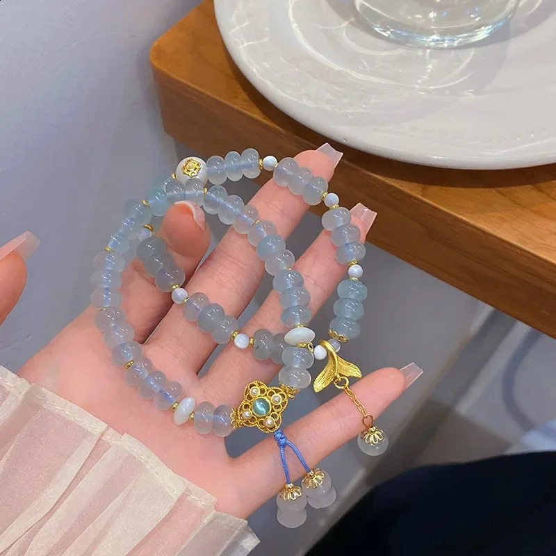 Elegant natural stone light blue Chalcedony beads womens bracelet gold fish tail flower pendant bracelet accessory 1252 241017