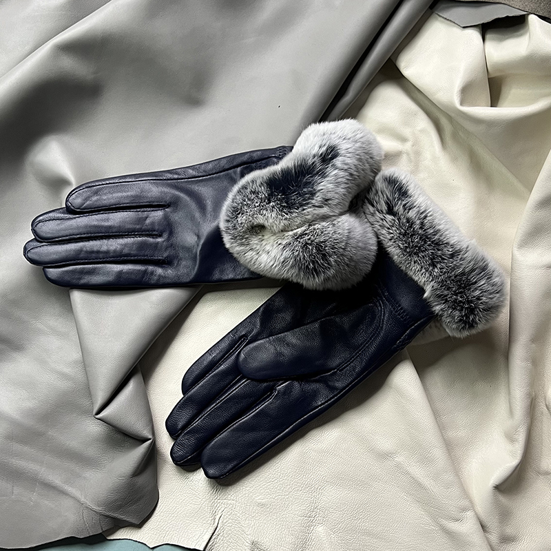 Autumn winter women's genuine leather gloves 100% real rex rabbit fur genuine sheepskin mittens black red blue pink