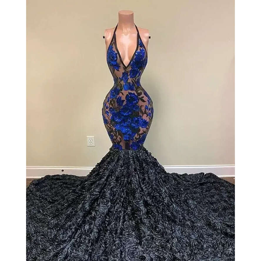 Arrival Black New Sequin Girls Mermaid Dresses 2022 Plus Size Deep V Neck Sequined Dress 3D Rose Wers Prom Gowns Pro232 ed