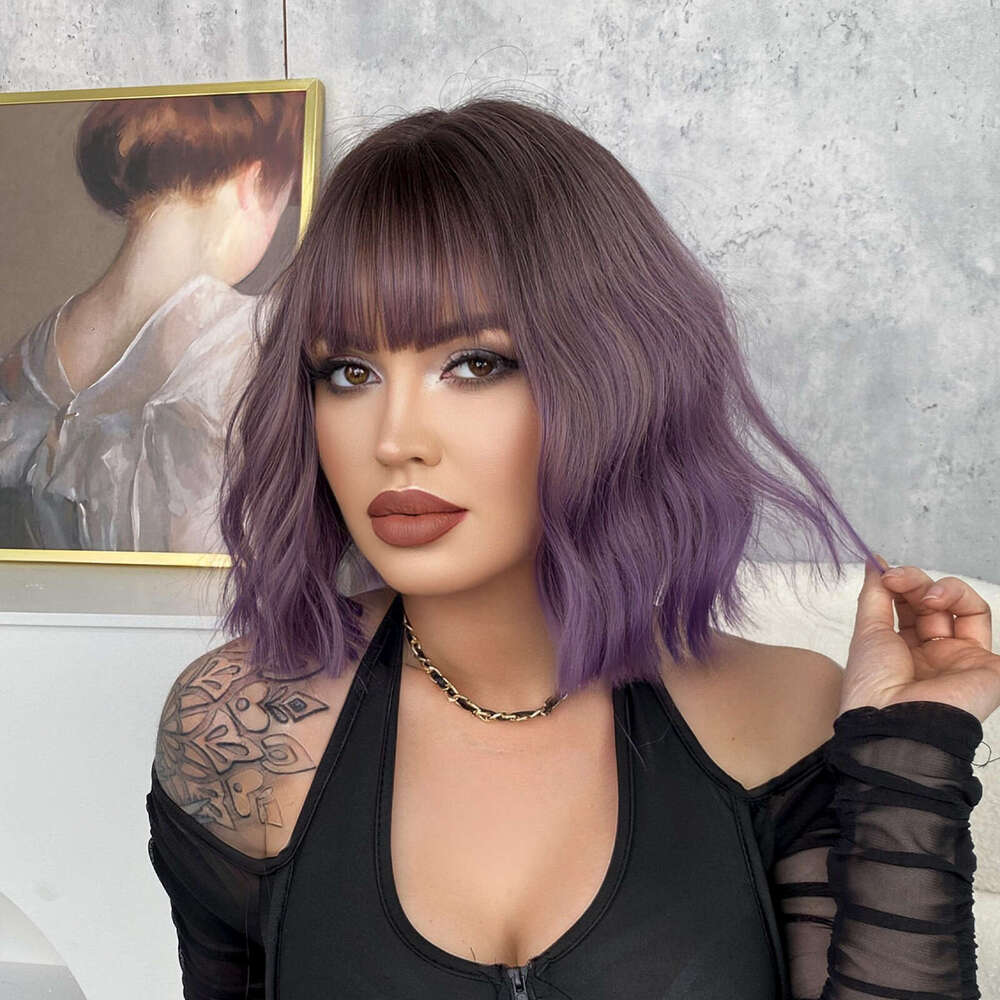 Purple Water Ripple Wig, Female Pear Blossom Short Curly Hair, Air Bangs, Synthetic Headband, Hair Wig